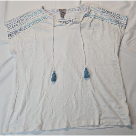 Chico's Tops - Chico's Peasant Blouse Womens Embroidered Top Size 1 White Blue Tie Neck Tassels